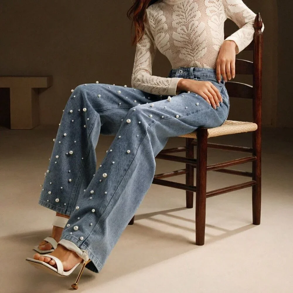 Blue Casual Women's High Waist Pearl Embellished Straight Loose Wide Leg Jeans